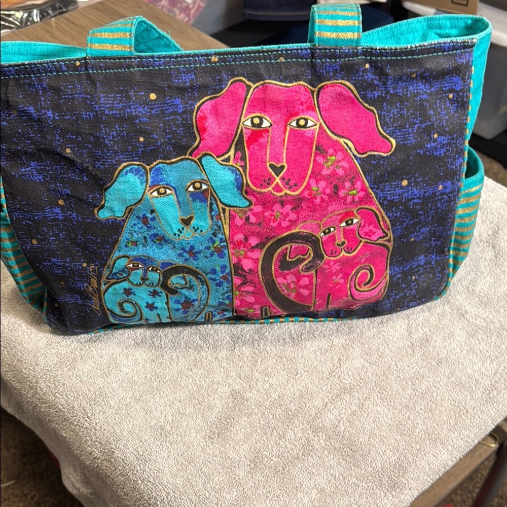 Laurel Burch Colorful Dog Print Tote Bag. Vibrant colors beaded zip top
